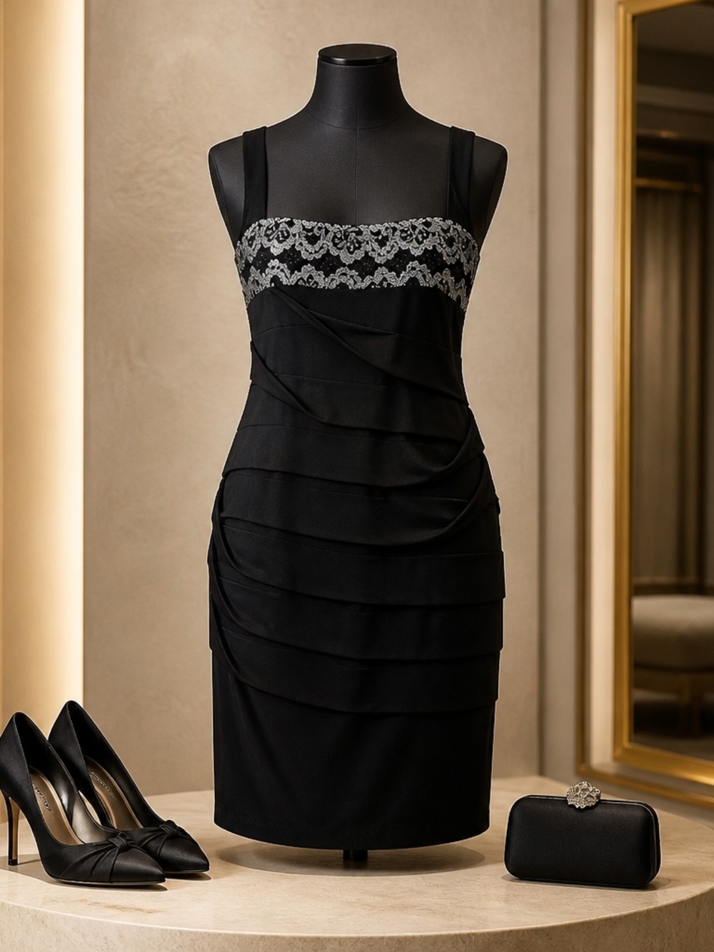 Black Lace-Trim Mini Dress with Tiered Ruching